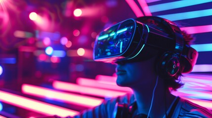 Caught in the flow of virtual beats, an individual with VR glasses is rhythmically immersed in a vibrant, striated world of neon lights and pulsing music.