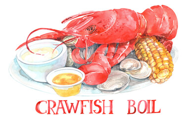 Seafood Crawfish Boil, Louisiana clipart, Shrimps, Fish, Squid Kitchen Illustration, printable poster. Isolated element on a white background. Hand painted in watercolor.