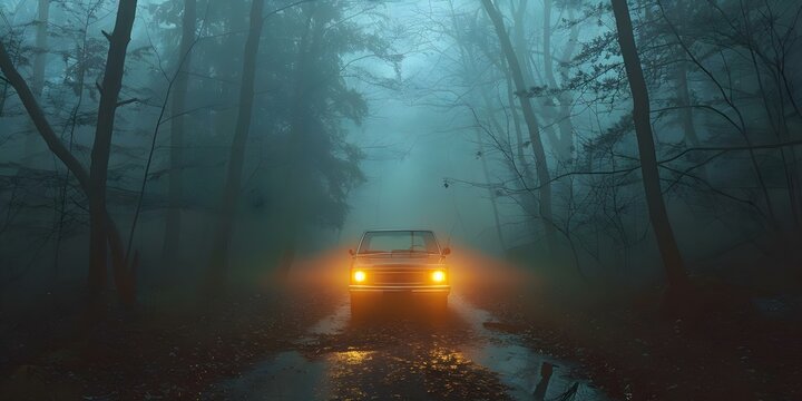 Spooky car with glowing light in foggy forest during twilight hour. Concept Spooky Scenes, Twilight Photography, Car Photography, Forest Setting, Glowing Lights