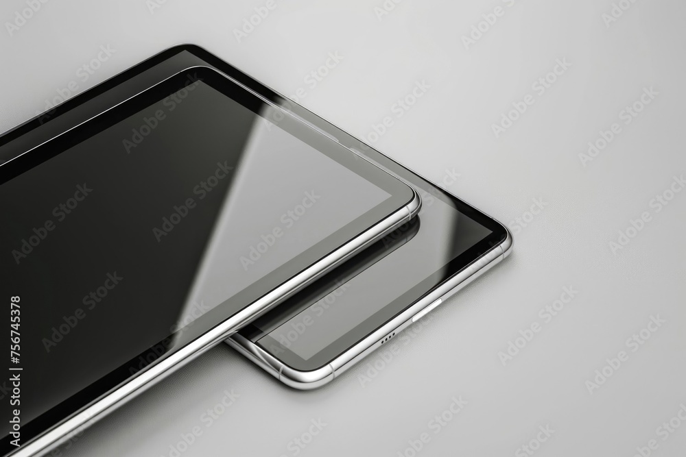 Poster close up of two cell phones on a table. suitable for technology concepts