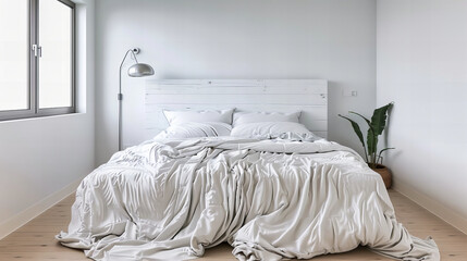 Tranquil Bedroom with Crisp White Bedding, Soft Pillows, and Minimalist Decor for a Serene Sleep Experience