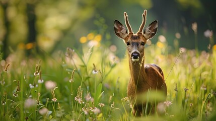 Fototapeta premium Buck capreolus capreolus in the summertime on a flower filled grassland. The Roebuck at dusk. Wild animal in its native habitat.