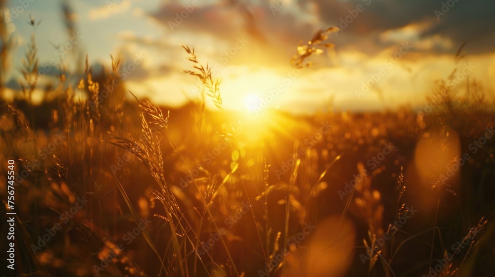 Aufkleber sun setting over a peaceful grass field, ideal for nature concepts