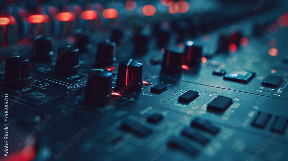 Poster close up view of a sound board with red lights. perfect for music industry or technology concepts