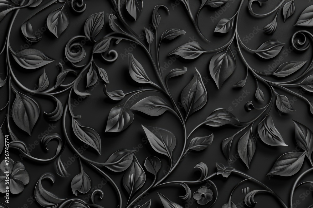 Poster A black background featuring a pattern of leaves and flowers. Suitable for various design projects