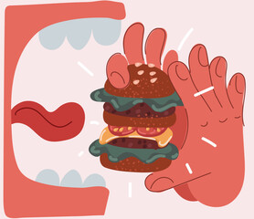 Vector illustration of Open mouth and hands holding huge burger. Hungry comic consept.