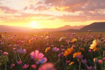 A beautiful sunset over a field of colorful flowers. Perfect for nature backgrounds
