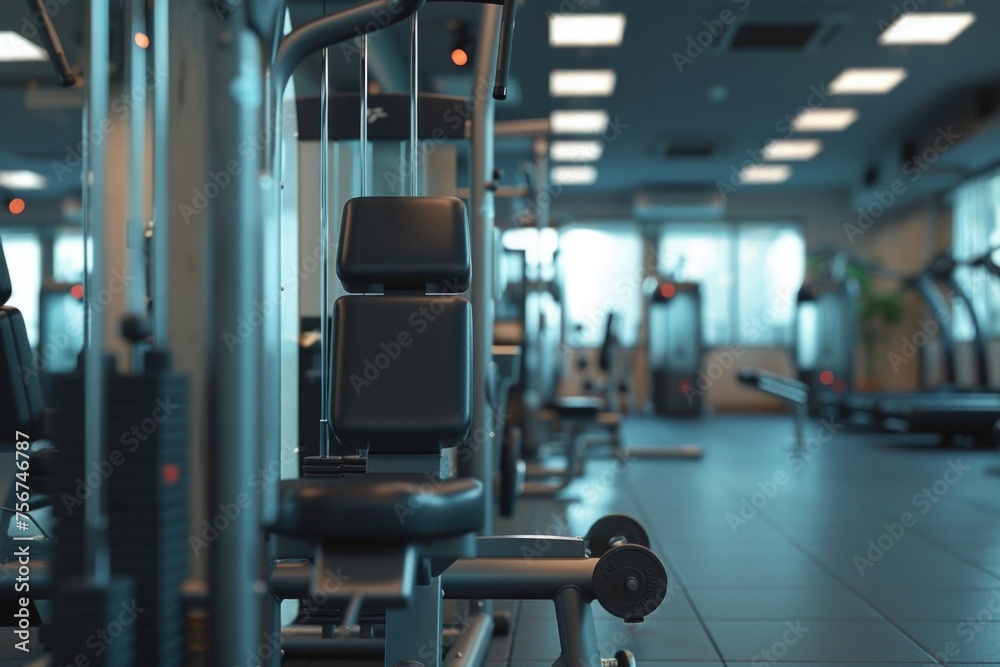 Poster a row of exercise machines in a gym room. perfect for fitness and health concepts
