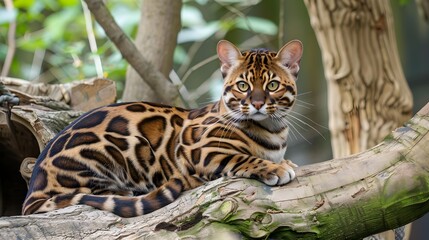 beautiful Bengal cat sitting on a tree trunk