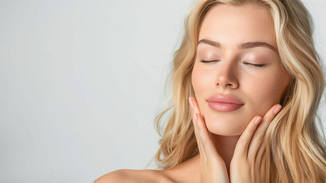 Linda mulher loira com pele saud&aacute;vel olha para a c&acirc;mera e toca o rosto com suas m&atilde;os maquiagem natural de uma jovem modelo bonita em um fundo de est&uacute;dio 