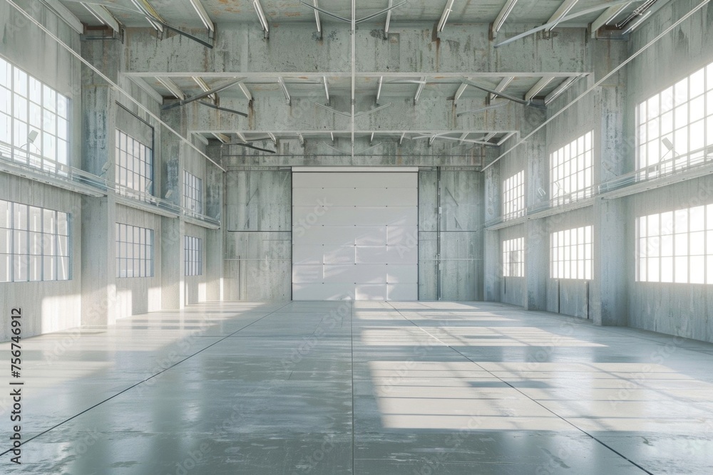 Poster a large, empty warehouse with numerous windows. suitable for industrial concepts