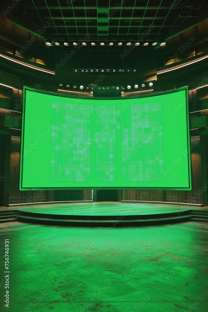Poster A large green screen set up in a spacious room. Ideal for digital content creation