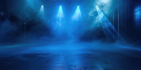 Fotobehang An empty stage with smoke and spotlights. Suitable for theatrical or concert backgrounds © Fotograf