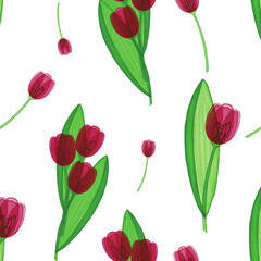 floral seamless pattern of translucent stylized tulips on a white background for wallpaper, fabric, wrapping paper
