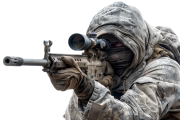 Camouflaged soldier aiming with precision and focus, cut out - stock png.