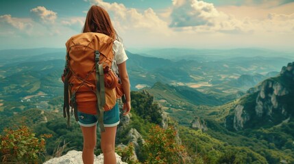 Woman standing on mountain top with backpack. Perfect for outdoor adventure concepts
