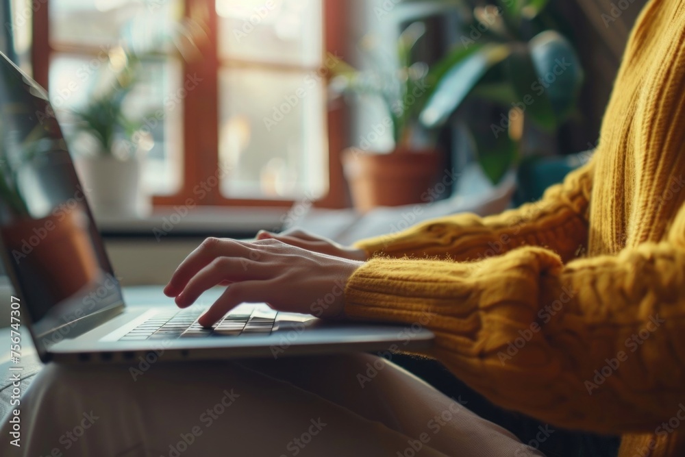 Poster a woman working on a laptop computer. suitable for business and technology concepts