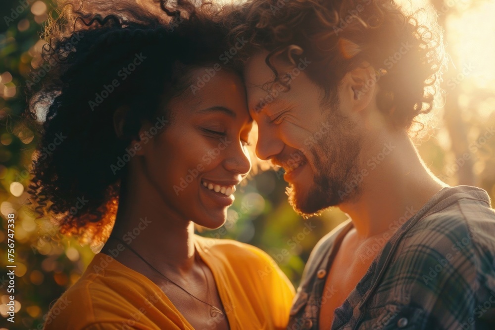 Poster a man and a woman smiling at each other, suitable for various concepts