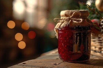 A jar of jam sitting on a wooden table. Perfect for food and kitchen-related designs - obrazy, fototapety, plakaty
