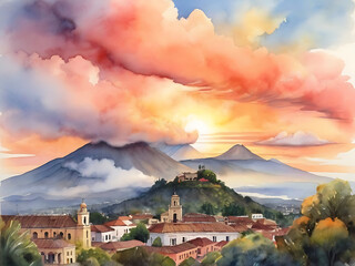 Impressionist Watercolor: Ancient Guatemalan Volcano - obrazy, fototapety, plakaty