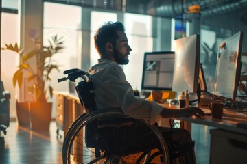 Man in wheelchair working on laptop, suitable for technology concepts - obrazy, fototapety, plakaty