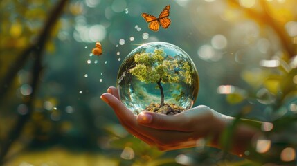 Person holding a glass ball with a tree inside. Perfect for nature and environmental concepts - obrazy, fototapety, plakaty