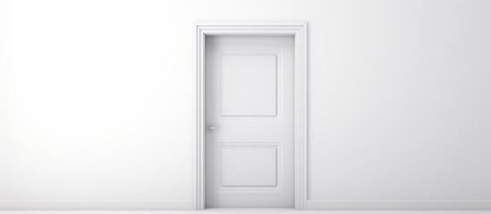 A white wooden home door with a door handle is symmetrically placed against a white rectangular wall, creating a harmonious fixture in the room