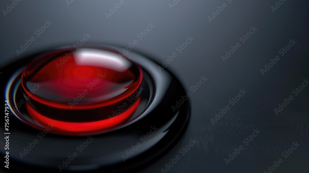 Poster Close up of a red button on a black surface. Suitable for technology and security concepts