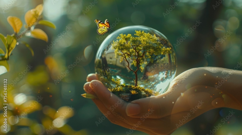 Poster person holding a glass ball with a tree inside. suitable for various concepts and designs