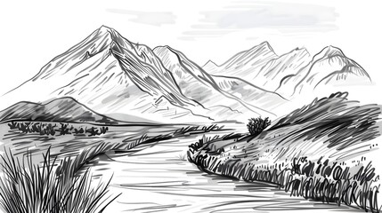 Simple black and white sketch of a mountain river against the backdrop of mountains