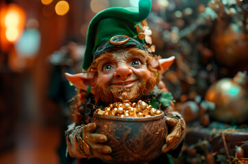 Leprechaun holds pot with gold, St. Patrick day. Irish celebrate. AI generative