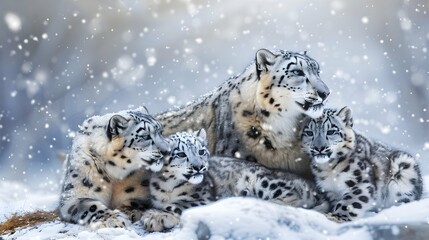 Snow leopard family with two cubs 
