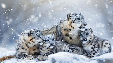 Fototapeta premium Snow leopard family with two cubs 
