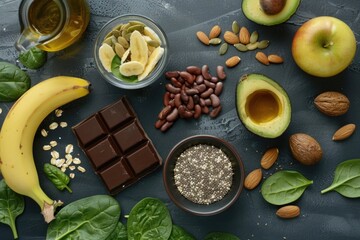 A variety of fruits, nuts, seeds, and chocolate. Perfect for food and nutrition concepts - obrazy, fototapety, plakaty