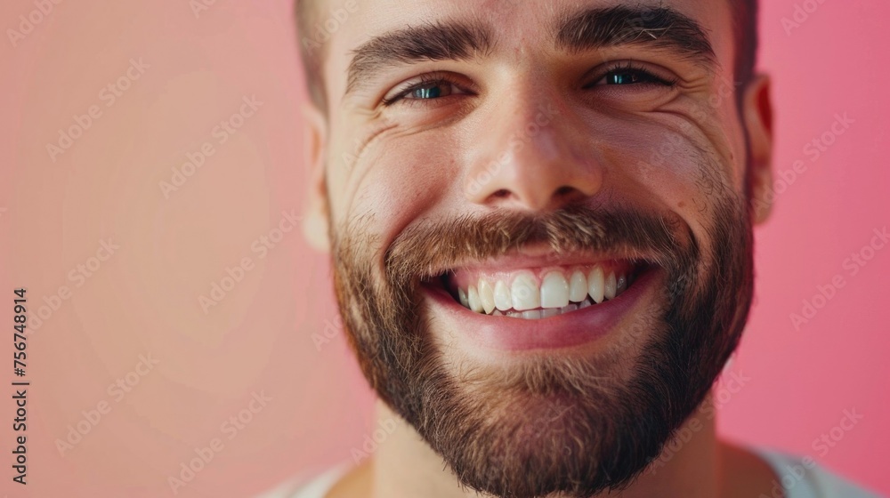 Poster a man with a beard smiling at the camera. suitable for various advertising purposes