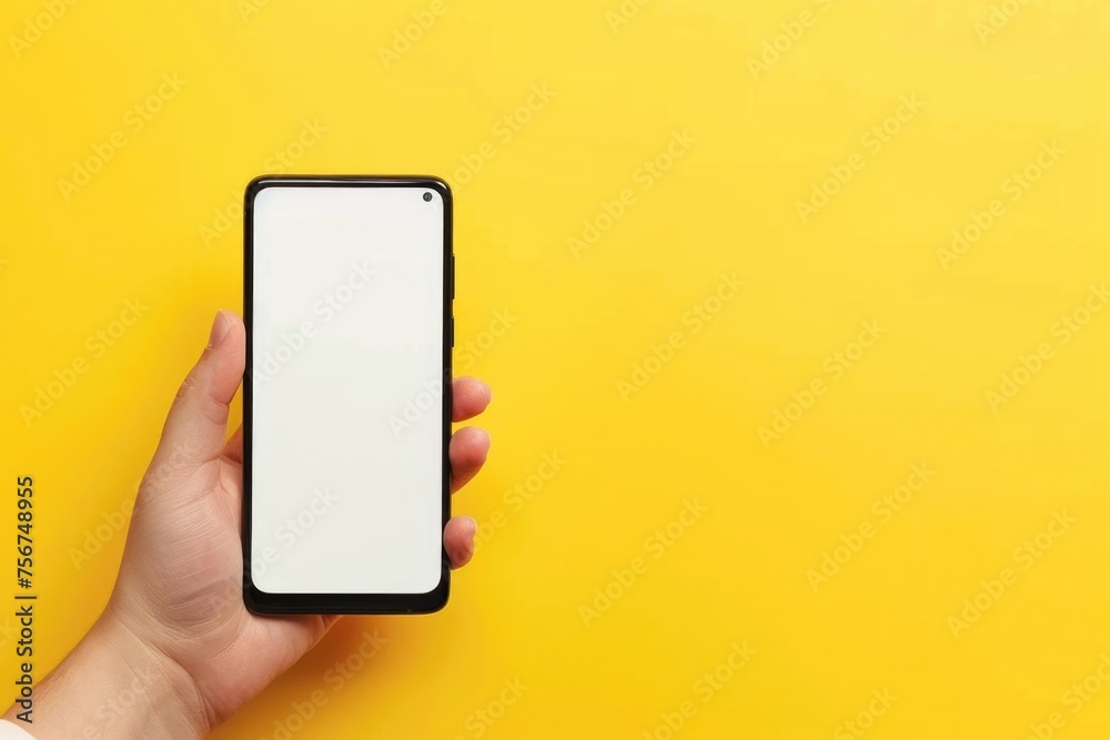 Aufkleber close-up of a person holding a smart phone with a blank screen. ideal for technology concepts
