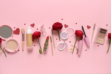 Cosmetic products with red roses and hearts on pink background. Valentine's day celebration