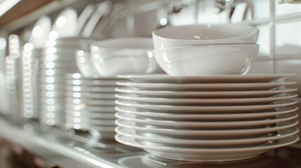 A collection of plates and bowls neatly arranged on a shelf. Perfect for kitchen or dining concepts - Powered by Adobe