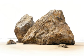 Couple of large rocks on sandy sandy beach, suitable for travel brochures - obrazy, fototapety, plakaty