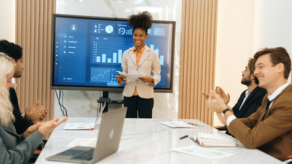 Diverse group of office worker and employee applauding, happy collaborate on strategic business...