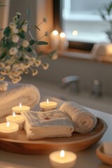 Tray with candles and towels on a counter. Perfect for spa or relaxation concept