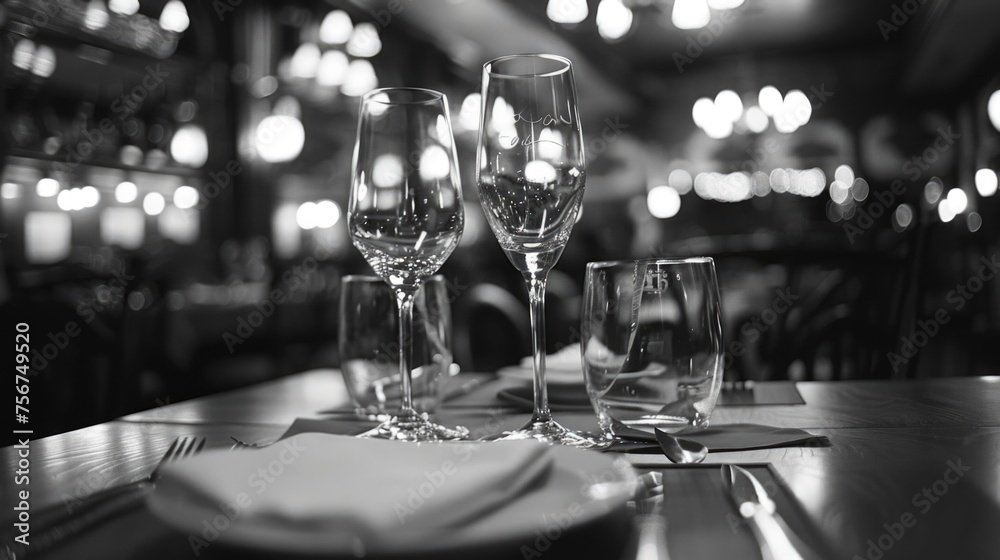 Poster three empty wine glasses on a table, suitable for restaurant or event concepts