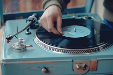 A person playing a record on a record player. Suitable for music or vintage themes