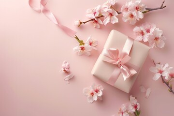 A white gift box adorned with a pink ribbon, surrounded by delicate pink flowers, set against a soft pink background.