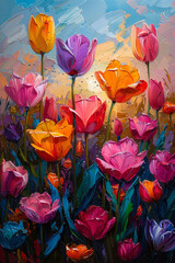 Yellow and red tulips in spring. AI generated art illustration.