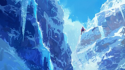 2D Illustrate of A professional ice climber ascending frozen waterfalls and towering ice formations in a winter wonderland. - obrazy, fototapety, plakaty