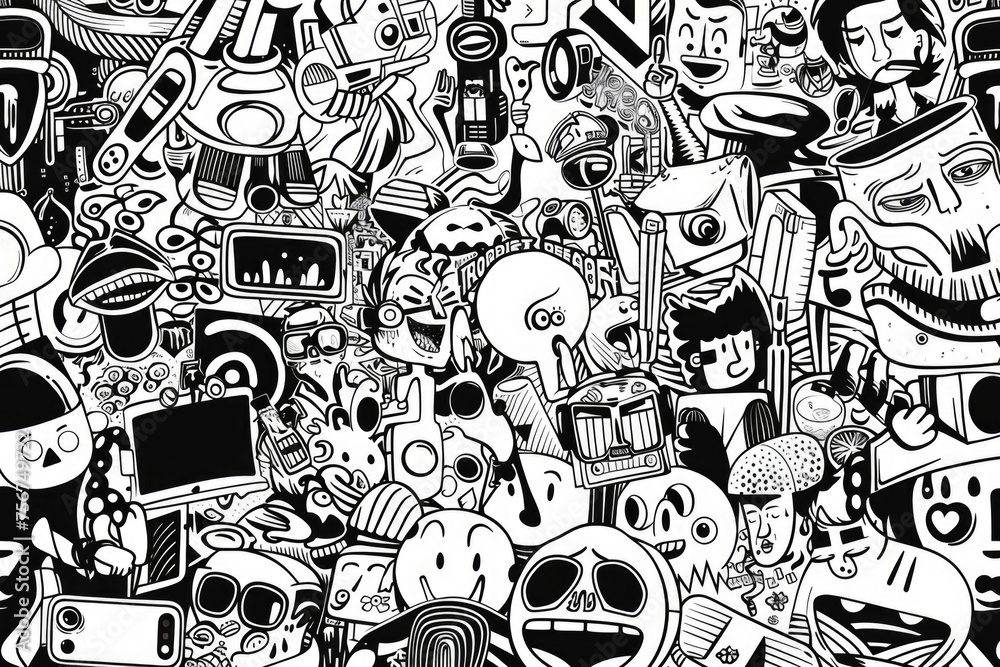 Poster black and white drawing of various cartoon characters. suitable for various design projects