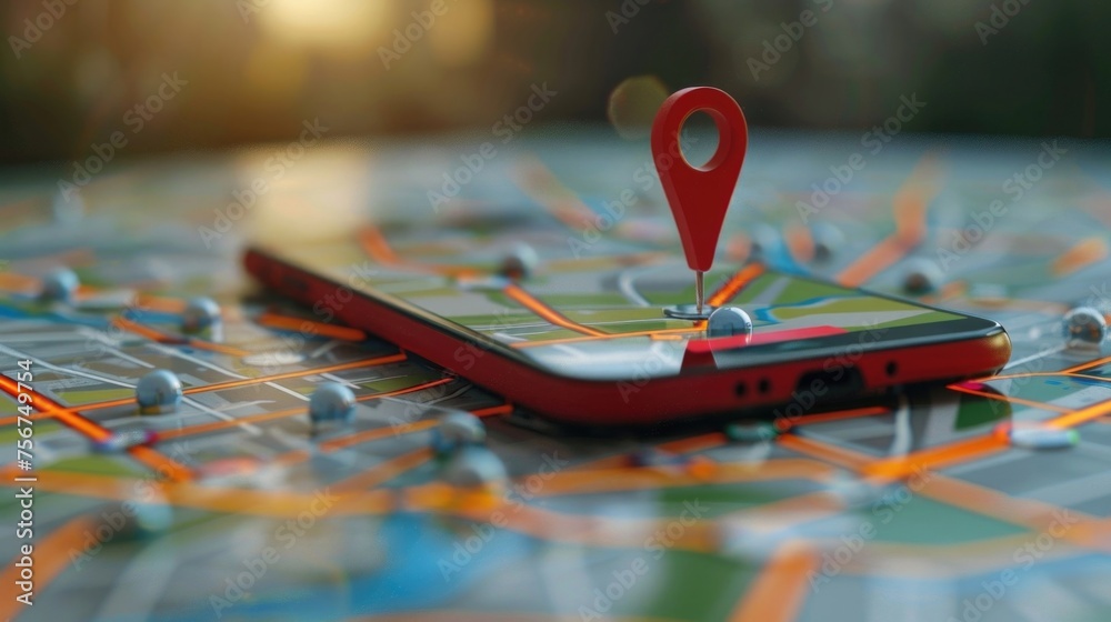 Poster A red cell phone placed on top of a map, suitable for travel and navigation concepts
