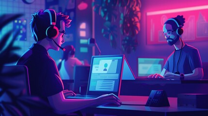 2D Illustrate of A technical support engineer assisting a customer on a laptop.