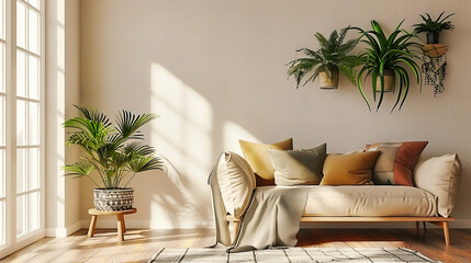 Cozy Living Room with Modern Sofa, Green Plant Accents, and Stylish Decor for a Comfortable, Trendy Home